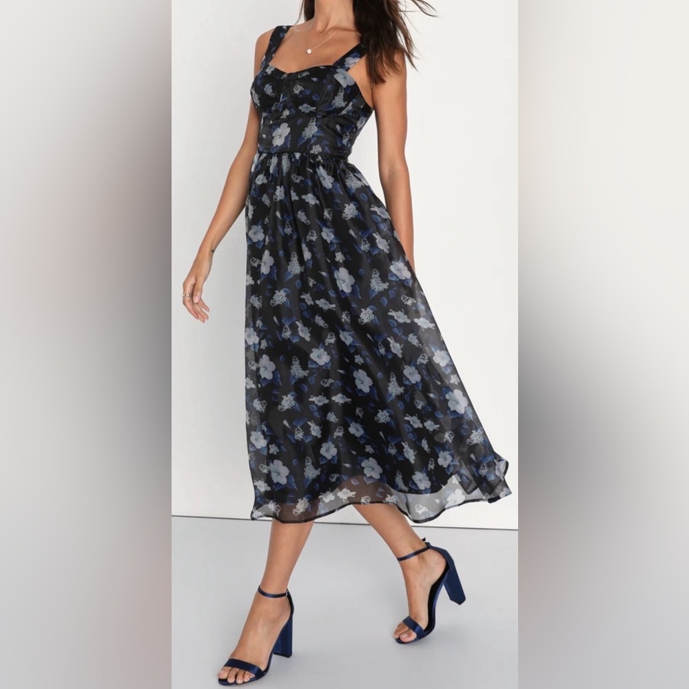 NWT Lulus Delightful Look Black Floral Print Bustier Midi Skater Dress Sz‎ XXL - Picture 2 of 16